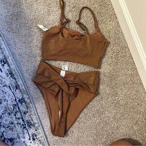 NWT Size Small Aerie Bikini Set Scoop Top + High Cut Cheeky Bottoms Shiny Brown